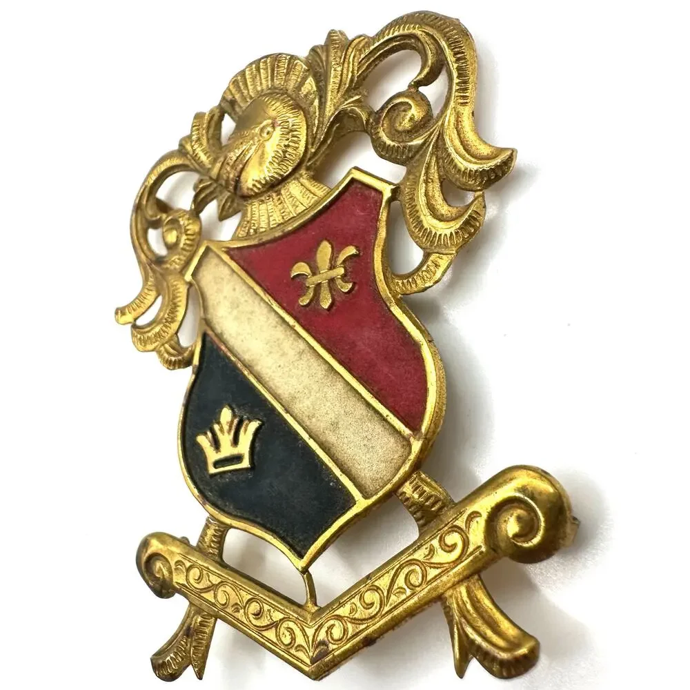 Vintage gold tone Heraldic red white blue enamel crest uniform accessory pin - Picture 4 of 8